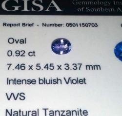 0.920ct Tanzanite G.i.s.a. Certified Intense Blue Violet Bv4 4 Vvs