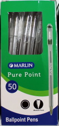 Marlin Pure Point Transparent Barrel Pen Black Ink  Box Of 50- Smooth Writing Long Lasting Medium Ballpoint Pen Includes Lid For Drying Protection And