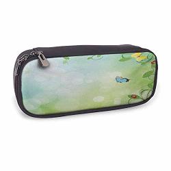 Zipper Pencil Case Ladybugs Smooth Surface Spring Theme With Flowers Ladybugs And Butterflies Transformation Morph Print 3.5 X 8 X 1.5 Inches Pale Green