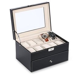 Black Watch Display Case Synthetic Leather Glass Window 2 Tiered Holder Storage Organizer Box 20 Watch