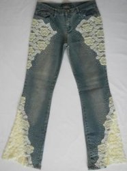 Designer Jean - Stonewashed Denim With Lace Inserts & Delicate Beading - Bootcut