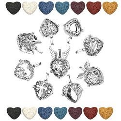 Top Plaza Aromatherapy Essential Oil Diffuser Necklace Antique Silver Heart Shape Locket Pendant With 7 Dyed Lava Rock 9 LOCKETS+14 Lava Stones