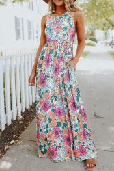 Multicolor Floral Print High Waist Sleeveless Maxi Dress - XL SA40 UK16