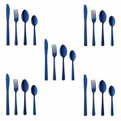 Buyer Star 20-PIECE Blue Silverware Flatware Set For 5 Light Weight Cutlery Sets For Travel Camping Hand Polish Dishwasher Safe