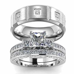 LOVERSRING 3PC Two Rings His And Hers Couple Ring Bridal Set His Hers Women White Gold Filled Cz Man Titanium Wedding Ring Band Set