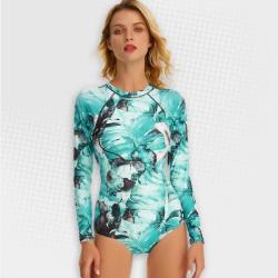 Women's Sky-blue Bloom Long Sleeve Zip Swimwear - XL