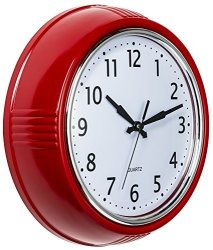 Bernhard Products - Retro Wall Clock 8.5 Inch Red Round Quartz Silent Non Ticking Quality Kitchen Clock