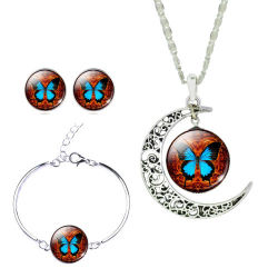 Liebe Engel Silver Butterfly Glass Cabochon Pendant Necklace Bracelet Earrings Jewelry Set