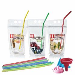 Silicone Funnel Hand-held Translucent Frosted Reclosable Stand-up Bag for Cold & Hot Drinks Drink Pouches for Adults Kids 100 Pcs Pouches for Drinks With Straws Plastic Straws 100 Pcs 