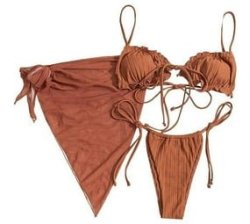Women's Wrap Triangle Bikini Bathing Suits With Mesh Beach Skirt - Brown - M