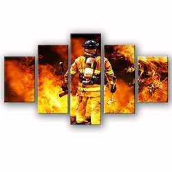 VV ART Firefighters Wall Art Canvas Prints Art Home Decor For Living Room Modern Pictures Pictures 5 Panel Large Posters HD Printed Painting Framed Ready To Hang