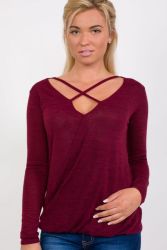 Pilot Long Sleeve Knitted Cross Strap And Wrap Over Front Top In Wine Red
