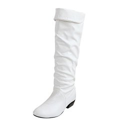 Fullfun Women's Winter Knee High Boots Flat Heels Pu Leather Riding Boots 10 White
