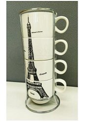 6910 Uniware Chic Eiffel Tower Paris Stacking Porcelain Expresso Coffee Mug With Stainless Steel Frame Set Of 4