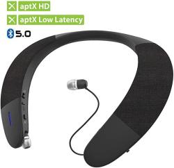 Avantree Wearable Wireless Speaker Bluetooth 5.0 Aptx HD Low Latency Personal Neckband Speakers With Retractable Earbuds Superb Audio Quality 3D Surround Stereo For Music