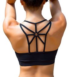 Yianna Women's Wirefree Padded Sports Bra Cross Back High Impact Strappy Yoga Bra Black YA-BRA139-BLACK-M