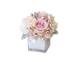 Meda Blooms Silk Peony And Hydrangea Flowers Arrangement In White Cube Glass Vase Home Office Wedding Table Centerpiece Decorations