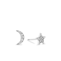 Sterling Silver Cubic Zirconia Mismatched Moon & Star Stud Earrings