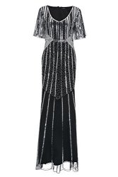 Metme Women's 1920S Formal Long Dress Retro Open Fork Sleeve Hem Sequined Gown Party Black Silver