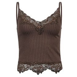 Women Lace Patchwork Crop Top Y2K E Girls Clothes Fairy Grunge Style Cropped Tees Cami Ribbed Knitted Tank Tops L Brown