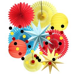 ADLKGG Red White Green Hanging Paper Party Decorations, Round Paper Fans Set Paper Pom