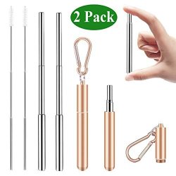 Senneny 2 Pack Telescopic Reusable Straws Stainless Steel Metal Drinking Straw Portable Collapsible Straw With Travel Case Cleaning Brush Keychain Rose Gold & Rose Gold