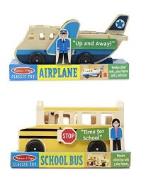 Melissa And Doug Whittle World Wooden Playset Bundle - School Bus Set With Plane And Luggage Carrier Set - Ages 3 And Up