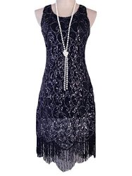 Vijiv Small 1920s Gatsby Sequined Fringed Paisley Flapper Dress in Glam Pure Black