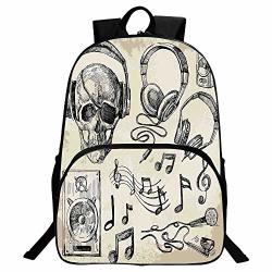 Music Decor Beautiful School Backpack Sketchy Music Background Hipster Skull With Headphones Record Player MIC Speakers Print For Classroom 11.8"L X 6.2"W X 15.7"H