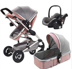 Belecoo Brand Baby Pram Stroller - 3 In 1 Function Foldable Baby Pram With Car Seat- Pink And Grey