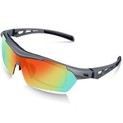 Torege Polarized Sports Sunglasses For Cycling Running Fishing Golf TR003 Grey&rainbow Lens