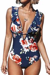 Cupshe Women's One Piece Swimsuit Ruffle V Neck Floral Print Strappy Swimwear Bathing Suits Blue Floral M
