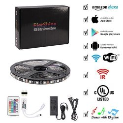 Piershine 16.4FT 5M 300LEDS Smart Home Alexa Supported Wifi Wireless Rgb LED Strip Lights With Ul Listed Adapter 24 Keys Remote Control Compatible On