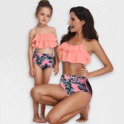 Iconix 2 Piece Nylon Matching Bikini Swimwear Bathing Suits For Mom Or Daughter - Peach - Leafy Print - Size 4 To 5 Years