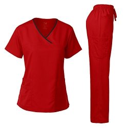 Medical Uniform Junior Style Contrast Binding Wrap Set Red XL