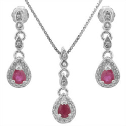 0.58ctw Ruby And Diamond Earring And Pendant Set In 925 Sterling Silver