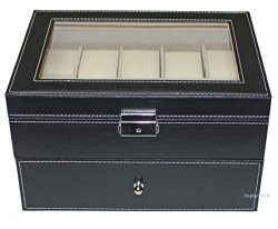 20 Slots Watch Box Black Pu Leather Display Glass Top Jewelry Case Organizer 20 Slots Box