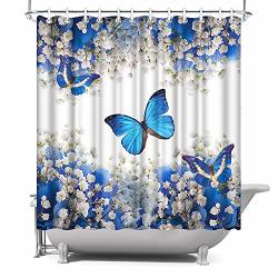 Artbones Shower Curtain Blue Butterfly Elegant White Flower Floral Decor Bathtub Curtain Polyester Fabric Waterproof 12 Hooks 72X72 Inch