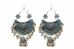 Mughal Jewelry Hand Woven Hand Beaded Large heavy Vintage Ethnic Traditional Hoop Earrings With Dome Jhumki And Ghunghroo Drops For Women And Girls Blue