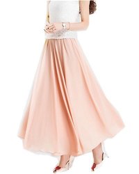 Mullsan Women Retro Vintage Double Layer Chiffon Pleat Maxi Long Skirt Dress Pink