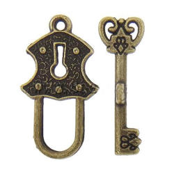 Toggle Clasp - Lock And Key - Single Strand - Antique Bronze - 13x24mm