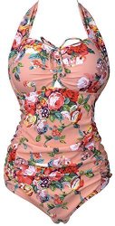 Qzunique Women's Retro Vintage One Piece Swimwear Floral Monokinis Plus Size Pink Us XL
