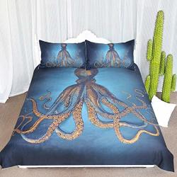 Zimmer Gold Octopus Bedding Nautical Sea Octopus In Blue 3 Piece Sea Creature Duvet Cover Cool And Retro Bedspread For Kids Teens Adults Queen