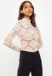Guess Long Sleeve Remi Rescripted Lace Top - Nude