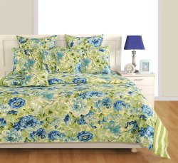 Yuga 3 Piece Set Of Beige & Blue Queen Size Cotton Bed Sheet With Pillow Covers YU-BD-1313-6