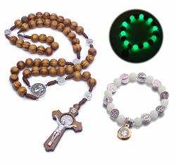A Set Wood Beads Rosary Necklace Saint Benedict Catholic Cross Religious Prayer Chaplet And Luminous Glow In The Dark Bracelet