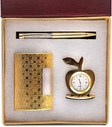 Foreverwithyou 3 In 1 Golden Corporate Gift Set With Apple Clock Crystal Pen Business Card Holder Premium Quality Golden