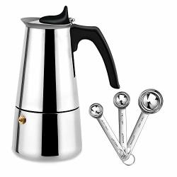 Espresso Stovetop Moka Pot Coffee Maker - 3 Pcs Coffee Scoops - Stainless Steel - 200ML 7OZ 4 Cup 1 CUP=50ML