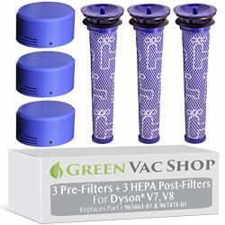 Greenvacshop 6PK Filter Set Replacement For Dyson V8+ V8 V7 Absolute Animal Motorhead Vacuum 3 Pre Filters & 3 Hepa Post Filters Replaces Part 965661-01 & 967478-01