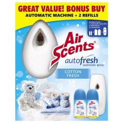 Air Scents Auto Fresh Machine Unit & 2 X 250ml Refills Cotton Fresh